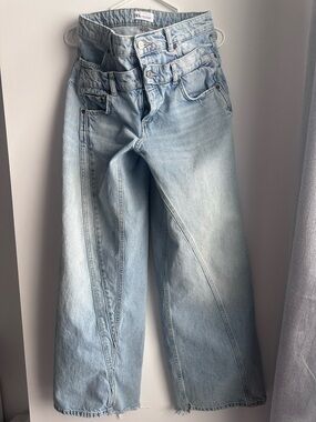 Zara Faded Light-Blue Wide Leg Jeans with Panel Seams